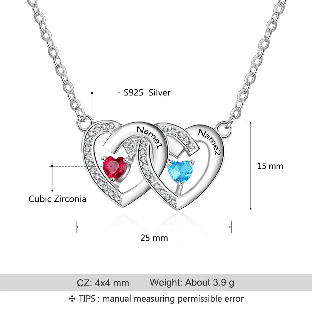 Personalized 2 Stone Mother's Necklace Paved Hearts 2 Engraved Names