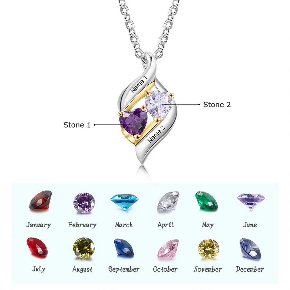 Personalized Mother's Necklace Gold Accents 2 Heart Birthstone 2 Engraved Names