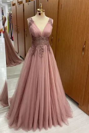 Pink Sleeveless Prom Dress V-Neck Tulle Long With Appliques