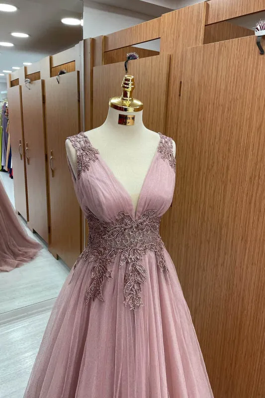 Pink Sleeveless Prom Dress V-Neck Tulle Long With Appliques