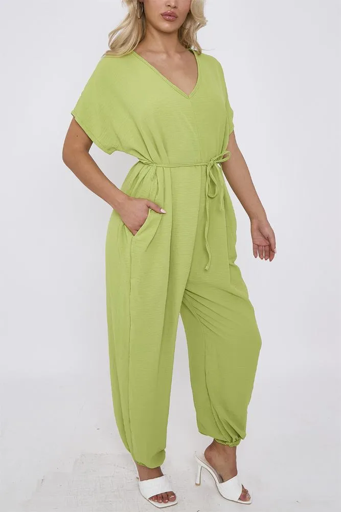 Plain Cuffed Hem Drawstring Waistband Jumpsuit