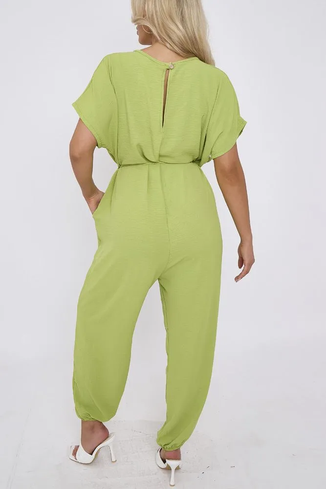 Plain Cuffed Hem Drawstring Waistband Jumpsuit