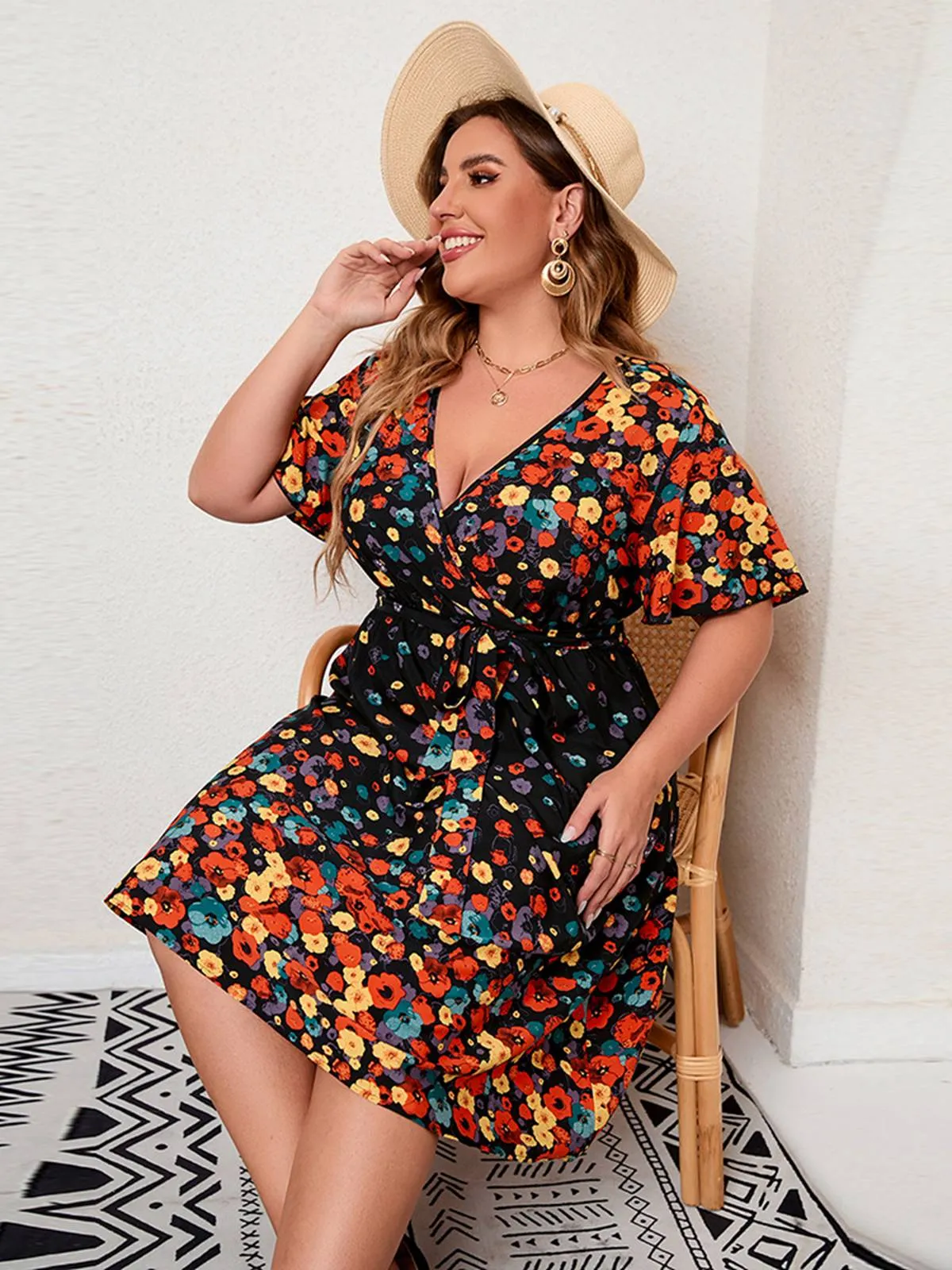 [Plus Size] 1950s Multicolored Floral Flare Sleeve Dress