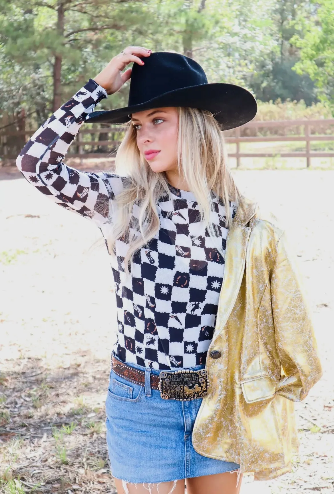 Queen Me Black Checkers Long Sleeve Mesh Top