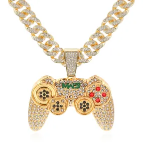 Rhinestone Studded Game Controller and Chain Link Fashion Hip-hop Cuban Pendant Necklace