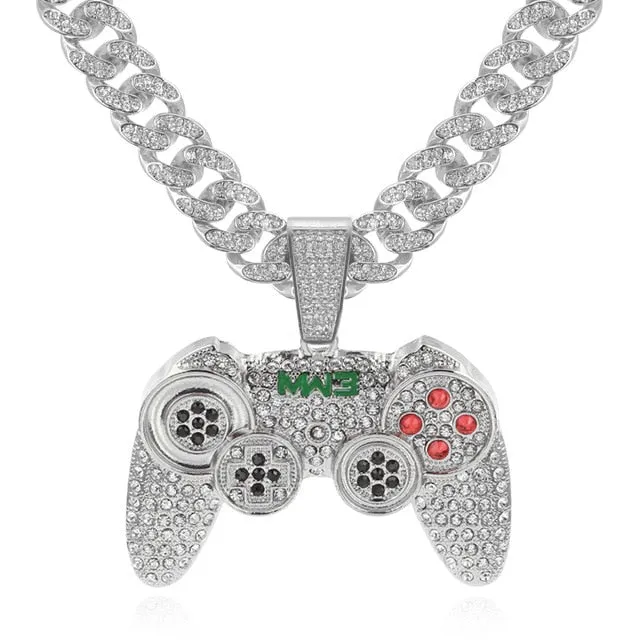 Rhinestone Studded Game Controller and Chain Link Fashion Hip-hop Cuban Pendant Necklace