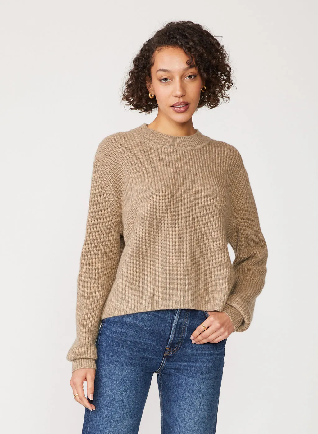 Ribbed Cashmere Tall Collar Sweater in Camel