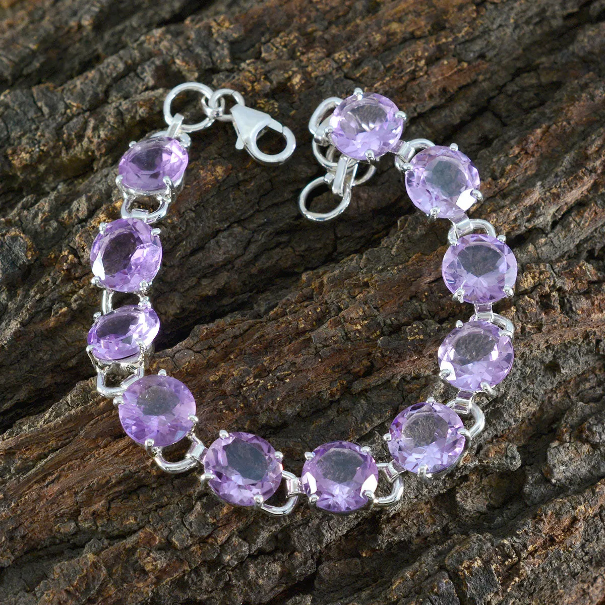 Riyo Complete 925 Sterling Silver Bracelet For Girl Amethyst Bracelet Prong Setting Bracelet with Tennis Bracelet Link Bracelet L Size 6-8.5 Inch.