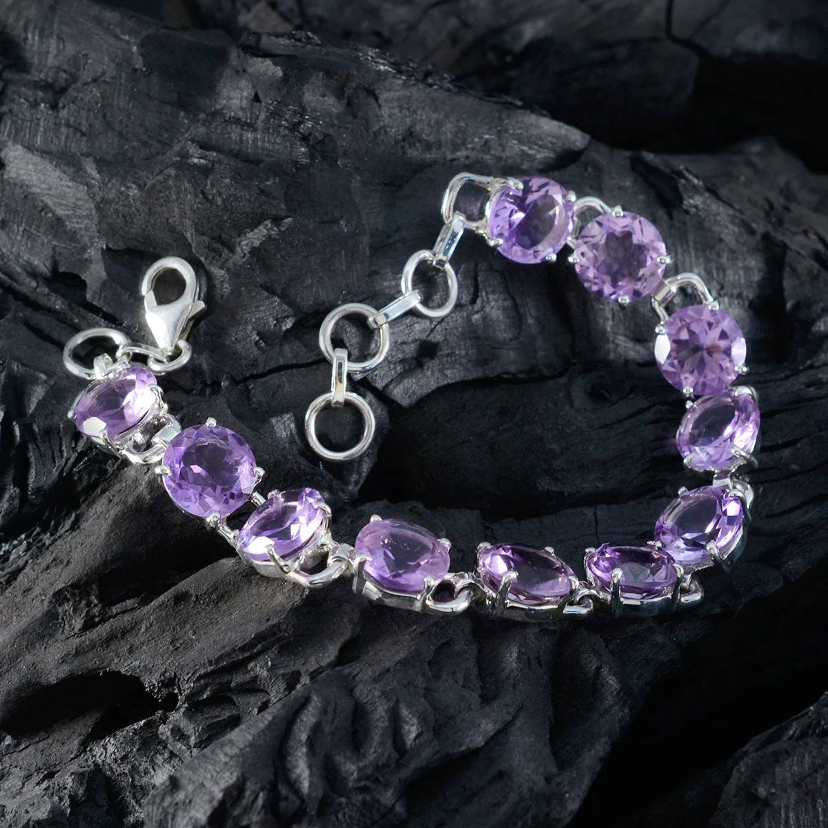 Riyo Complete 925 Sterling Silver Bracelet For Girl Amethyst Bracelet Prong Setting Bracelet with Tennis Bracelet Link Bracelet L Size 6-8.5 Inch.