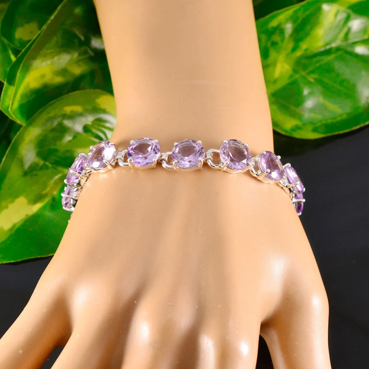 Riyo Complete 925 Sterling Silver Bracelet For Girl Amethyst Bracelet Prong Setting Bracelet with Tennis Bracelet Link Bracelet L Size 6-8.5 Inch.