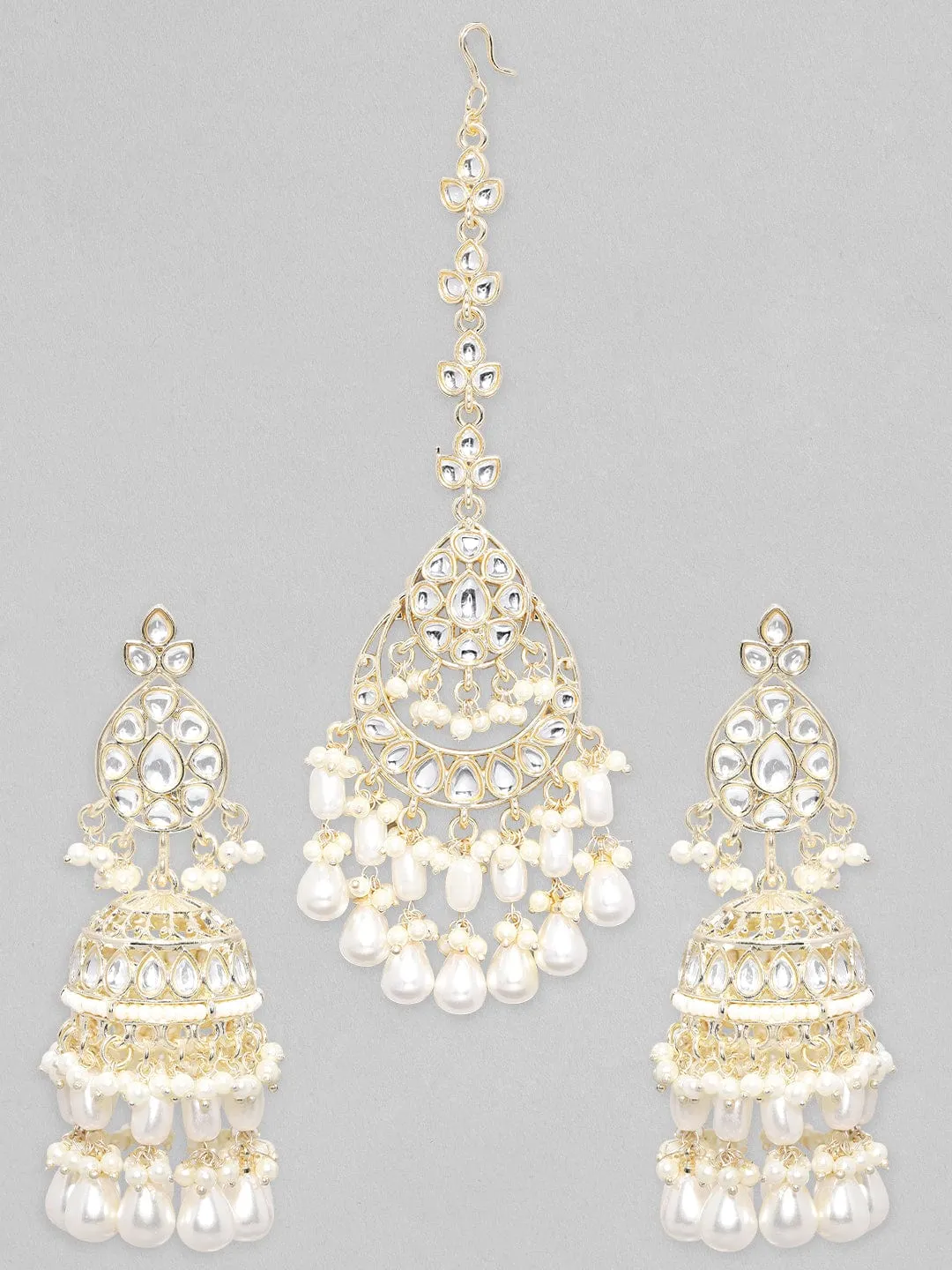 Rubans Gold Toned Kundan Stone Studded With Pearls Mangtikka & Earring Set.