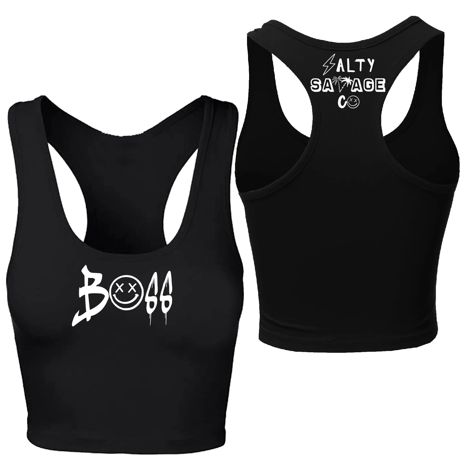 Salty Savage Ladies "BOSS" Cropped Racerback Tank | Micro