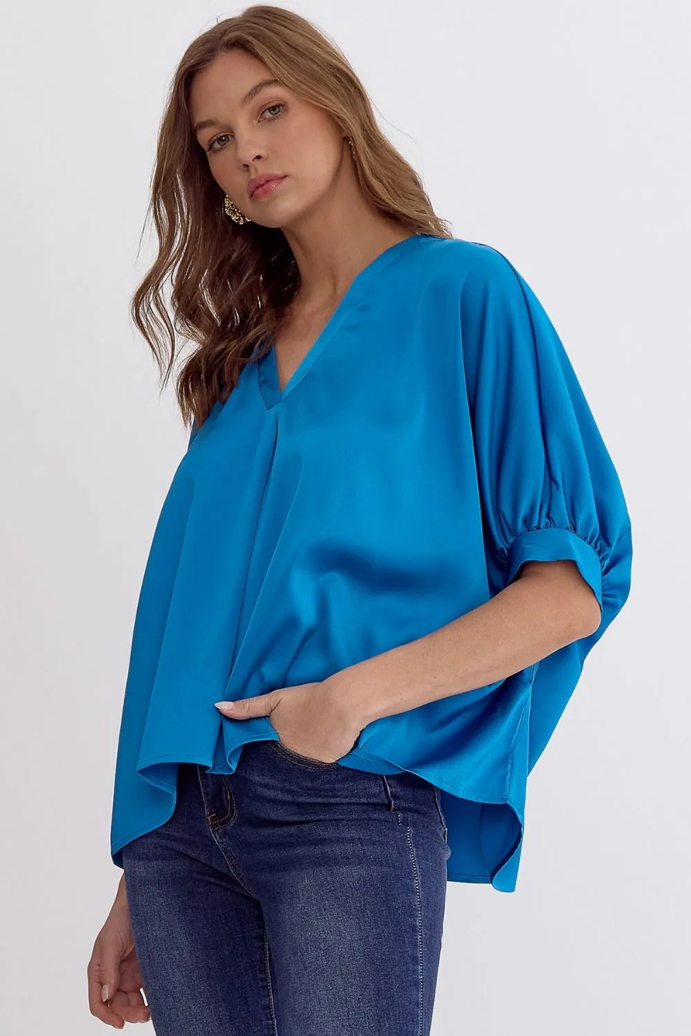 Satin V-Neck 1/2 Sleeve Top