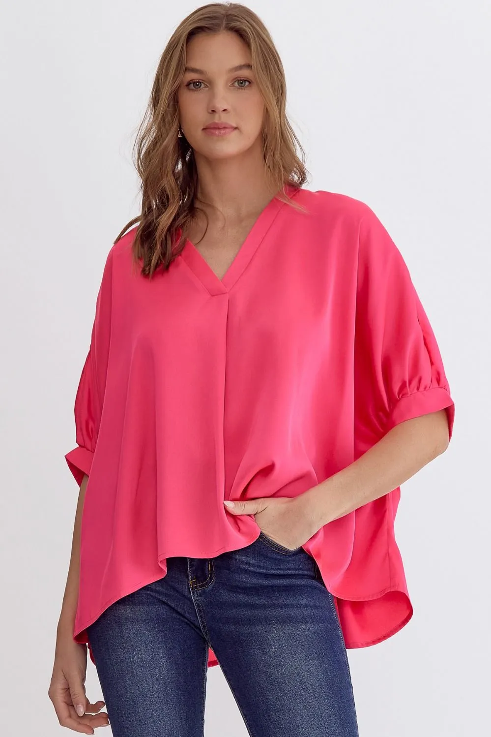 Satin V-Neck 1/2 Sleeve Top