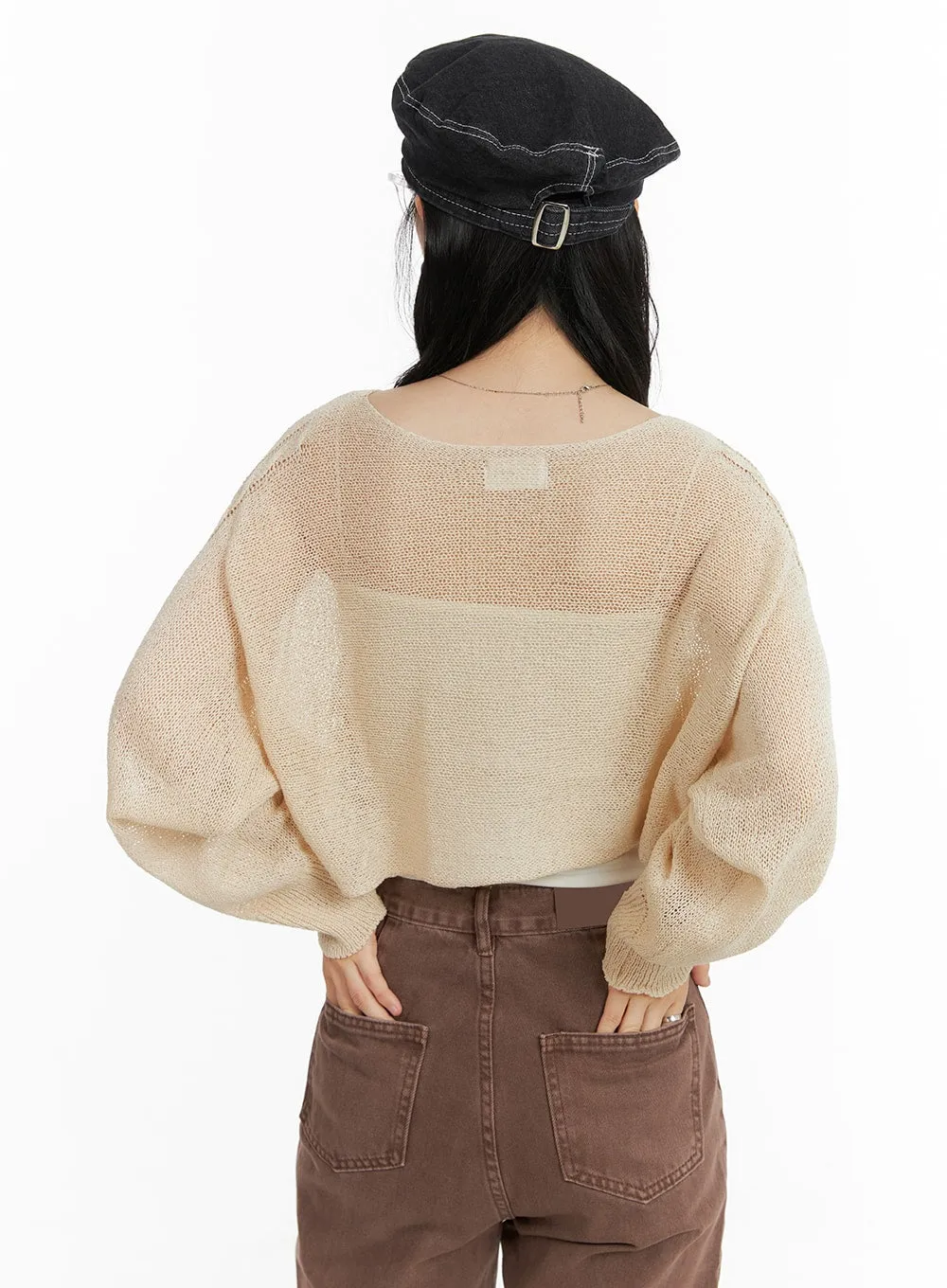 See-Through Knitted Long Sleeve Crop Top OM411