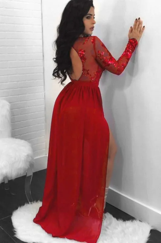 Sequins Long Sleeves Prom Dress With Slit