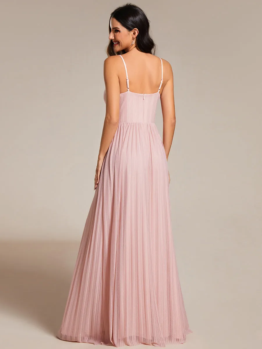 Shimmer V Neck Floor Length Bridesmaid Dress With Spaghetti Straps