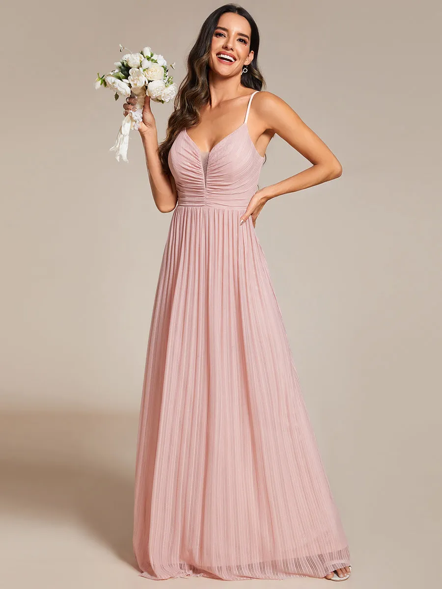 Shimmer V Neck Floor Length Bridesmaid Dress With Spaghetti Straps