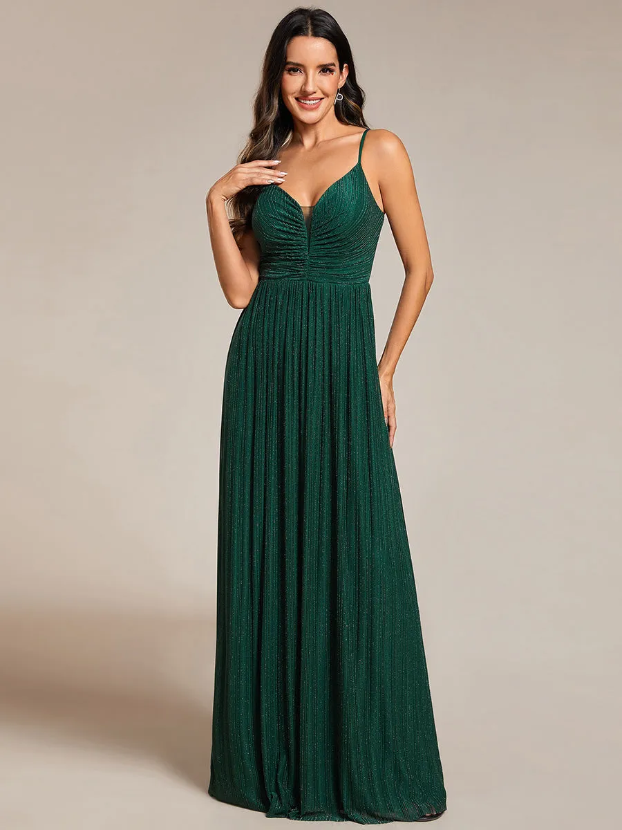 Shimmer V Neck Floor Length Bridesmaid Dress With Spaghetti Straps