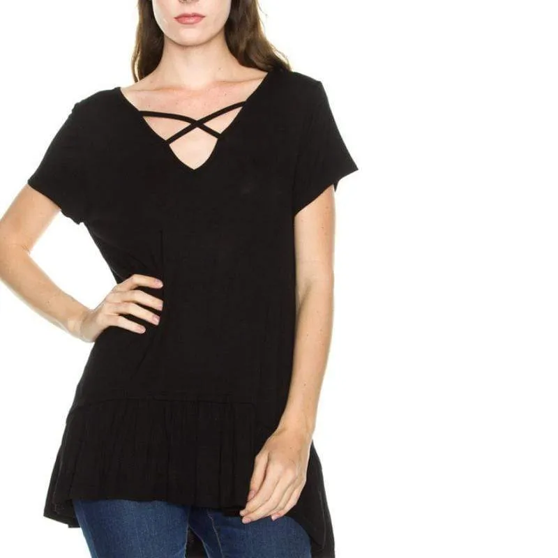 Solid Short Sleeve Crisscross Ruffle Hem Detail Top Black