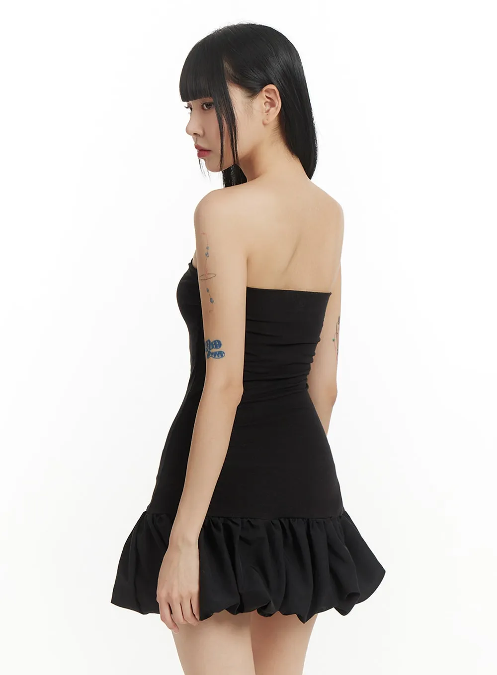 Solid Strapless Ruffled Hem Mini Dress IM406