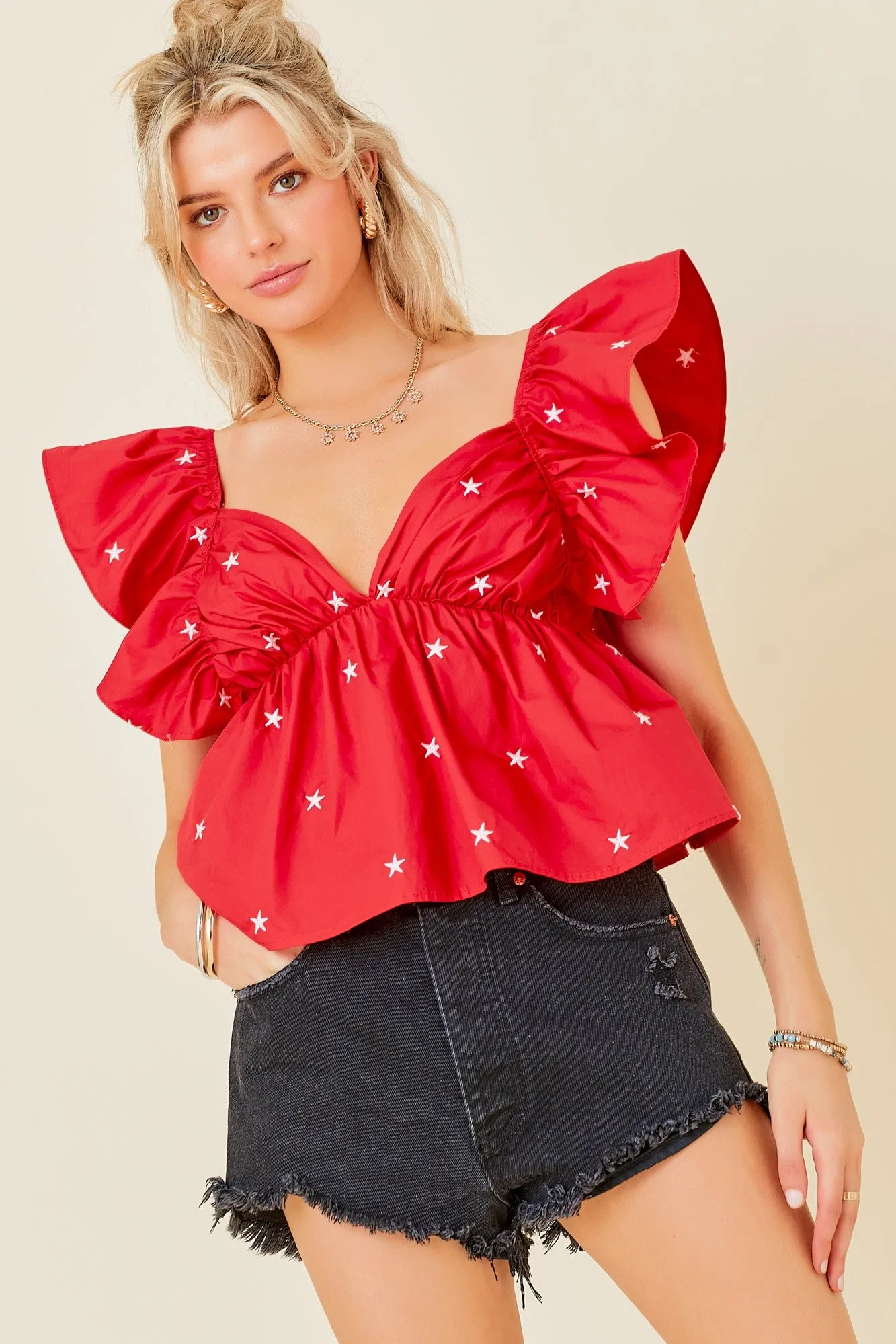 Star Embroidered Babydoll Poplin Top