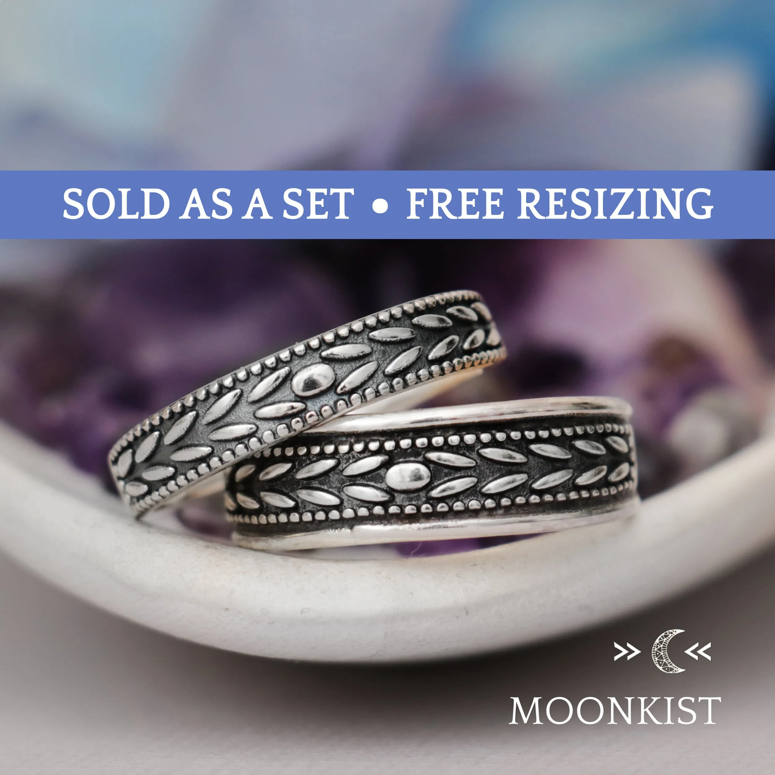 Sterling Silver Laurel Leaf Crown Wedding Band Set | Moonkist Designs