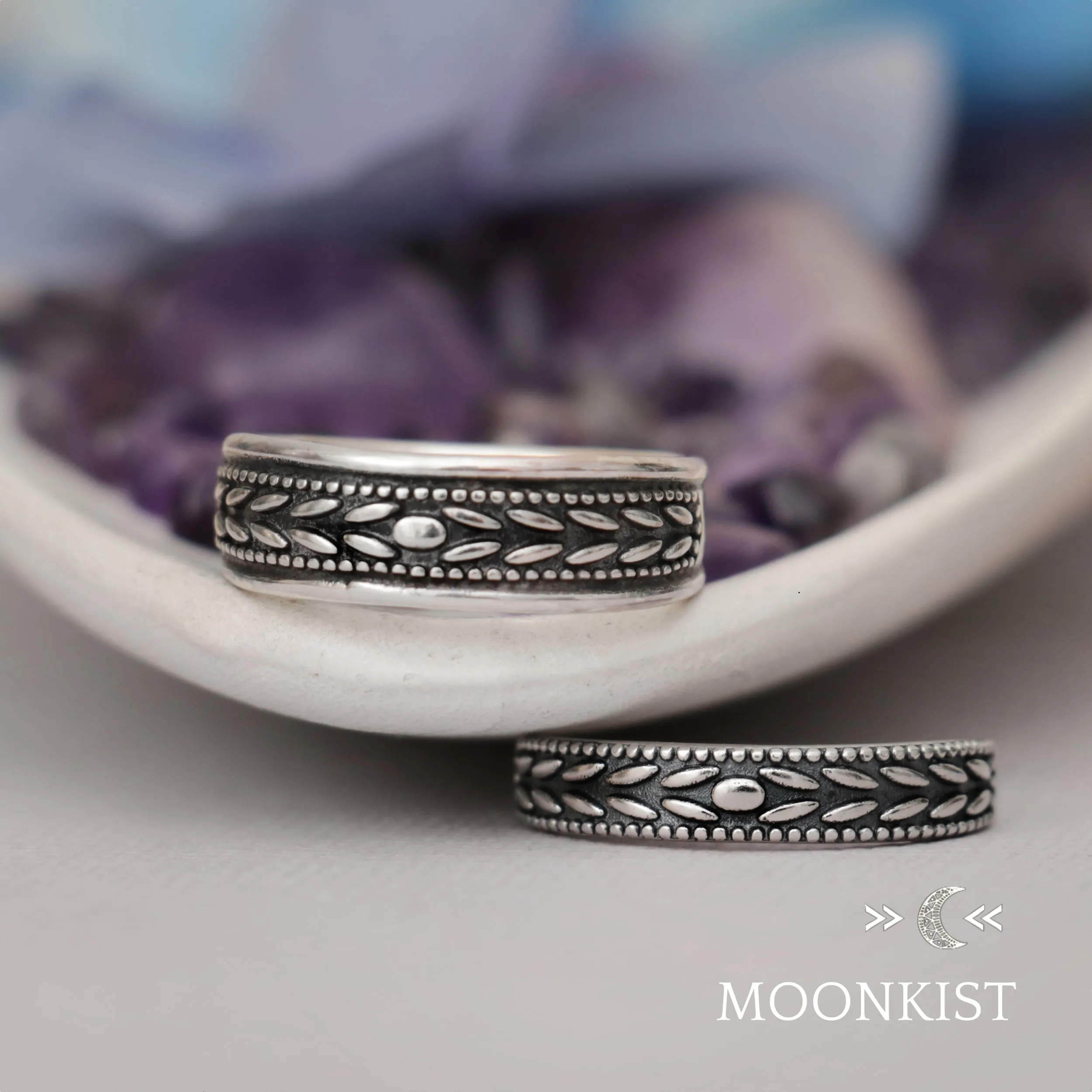 Sterling Silver Laurel Leaf Crown Wedding Band Set | Moonkist Designs