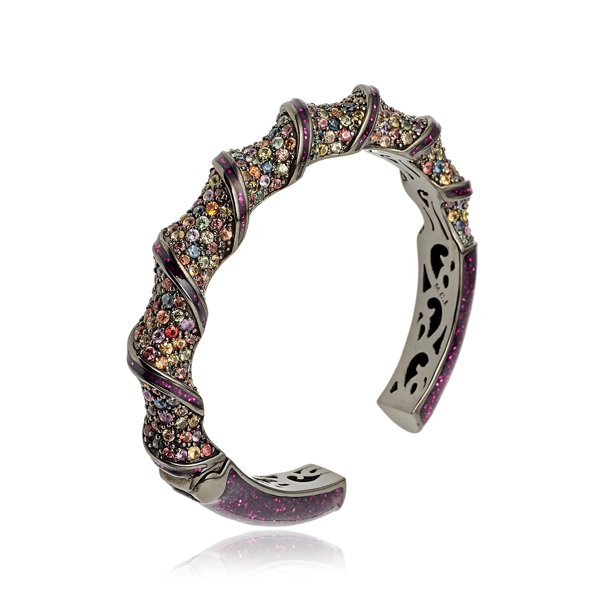 Sterling Silver Statement Cuff Bracelet with Purple Glitter Enamel & Mixed Sapphires