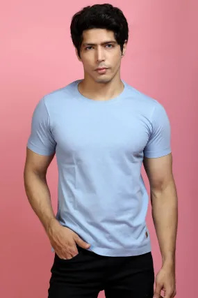 T-shirt - Men Sky Blue Solid Round Neck Pure Cotton