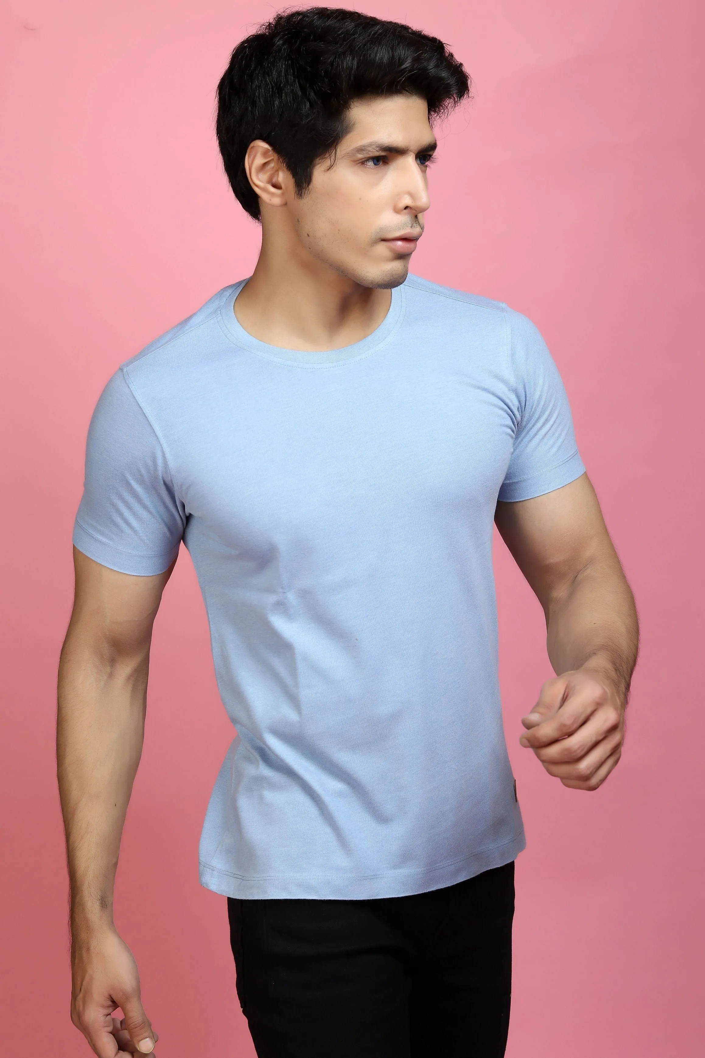 T-shirt - Men Sky Blue Solid Round Neck Pure Cotton