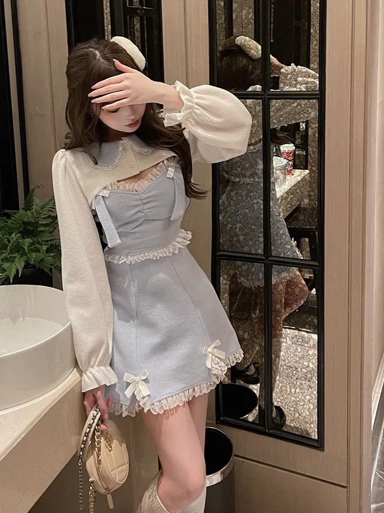 Two-Piece-Set: Kawaii Mini Dress with Lace   Longsleeved Topper Cardigan