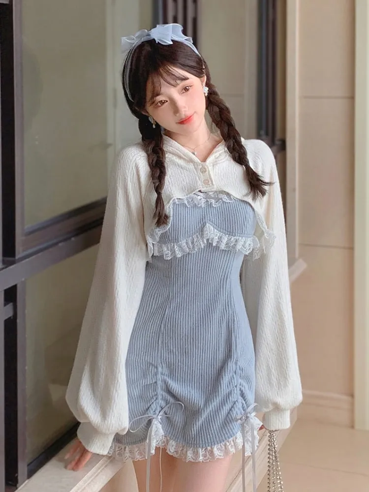 Two-Piece-Set: Kawaii Mini Dress with Lace   Longsleeved Topper Cardigan