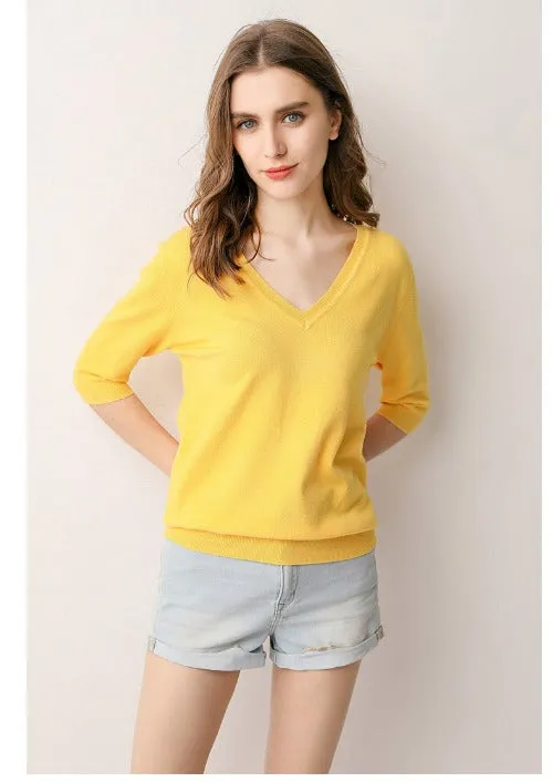 V Neck Short Sleeve Shirt Top - Yellow