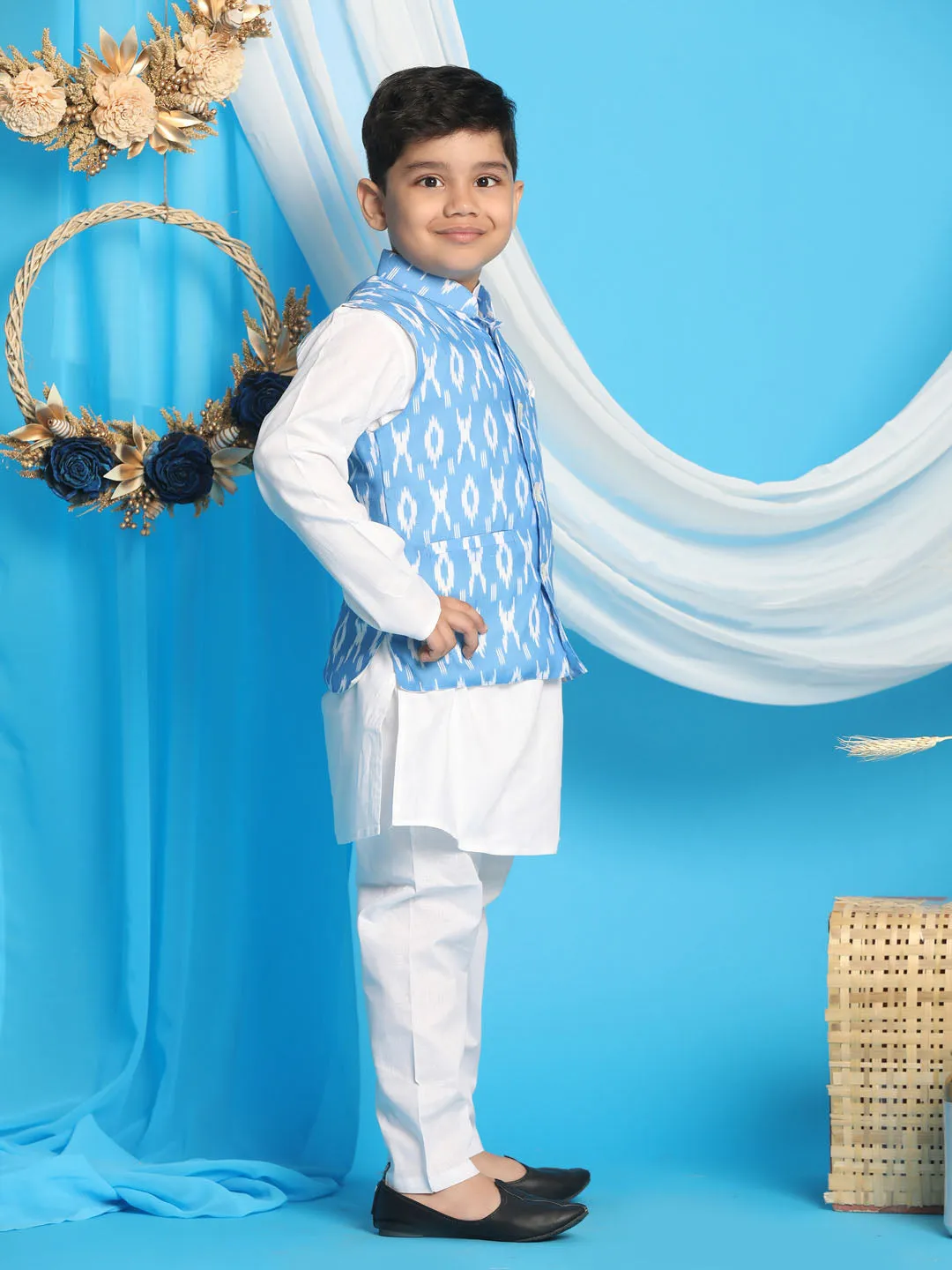 Vastramay Aqua Blue Traditional Ikkat Print Siblings Set