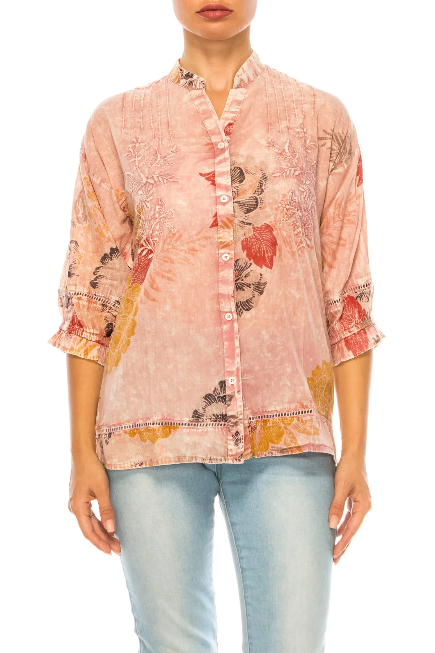 Vintage Floral Button Down Tunic with Embroidery and Lace