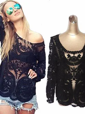 WealFeel Long Sleeve Hollow Lace Blouse