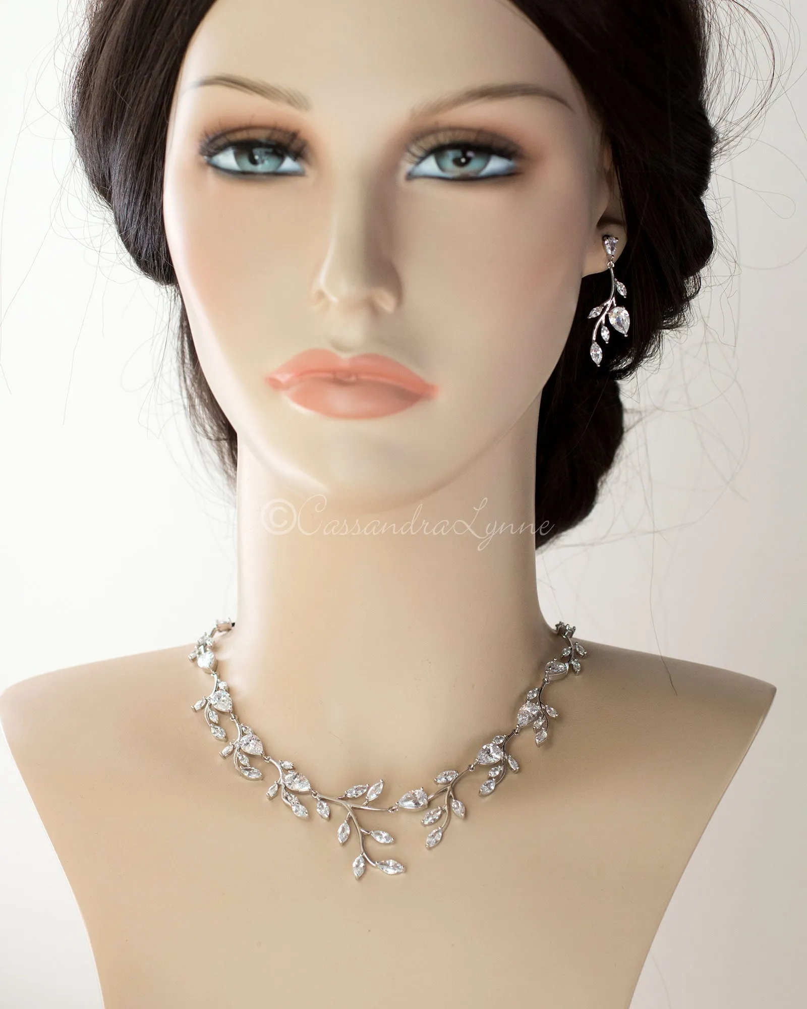 Wedding Necklace and Earrings of Marquise CZ Vines