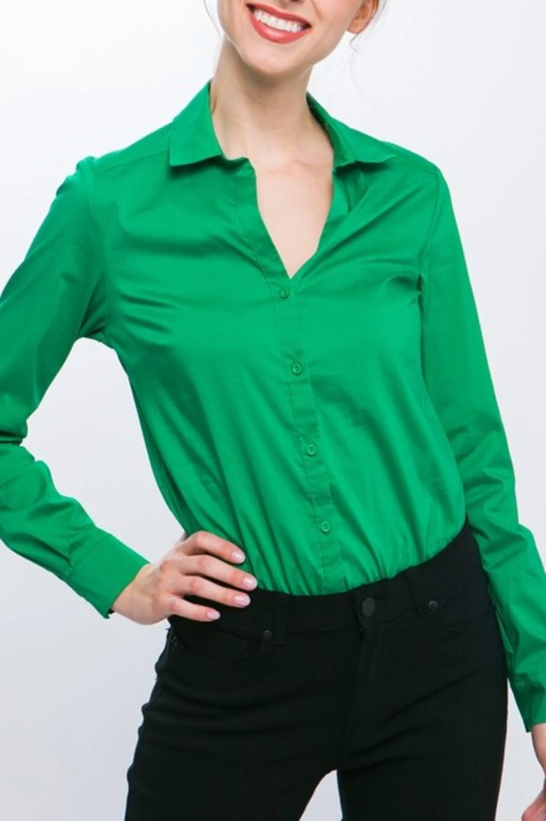 Women's Button Down Bodysuit Long Sleeve Collared Shirt