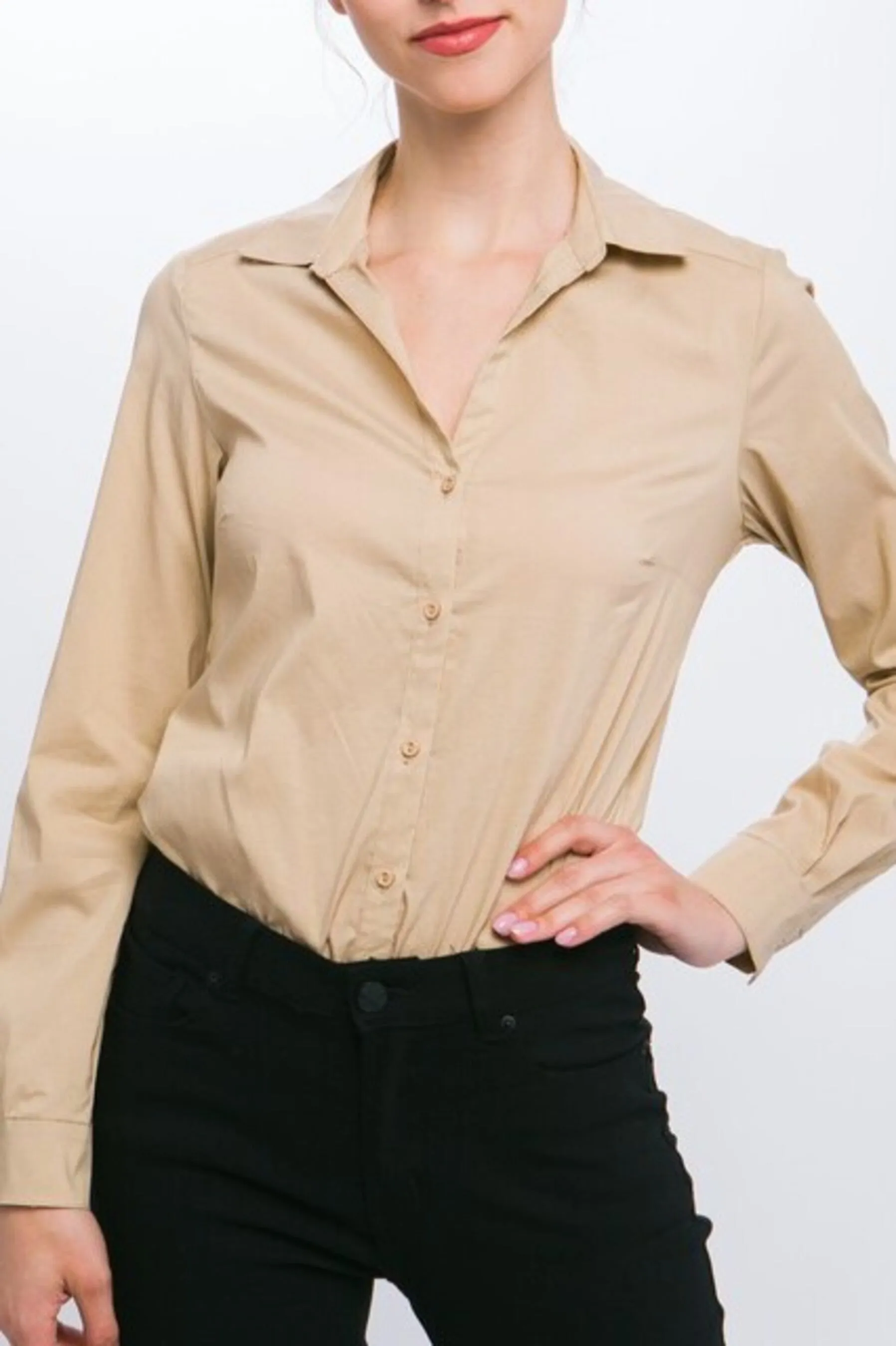 Women's Button Down Bodysuit Long Sleeve Collared Shirt