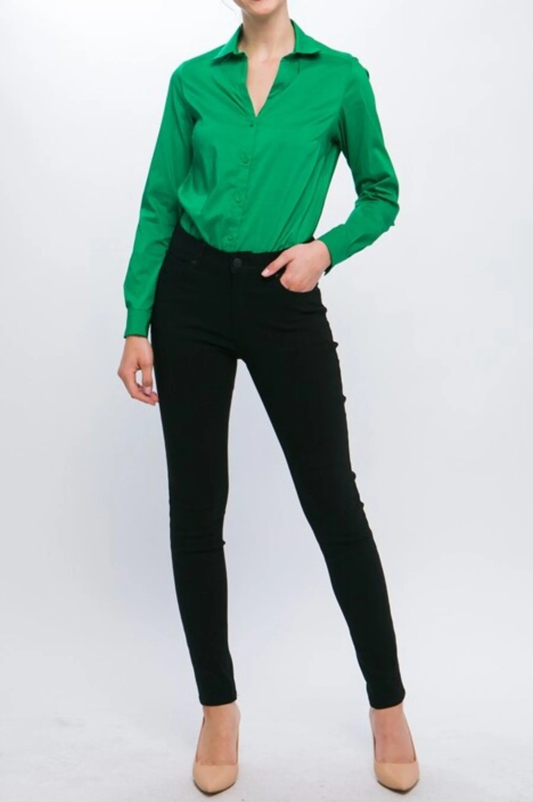 Women's Button Down Bodysuit Long Sleeve Collared Shirt