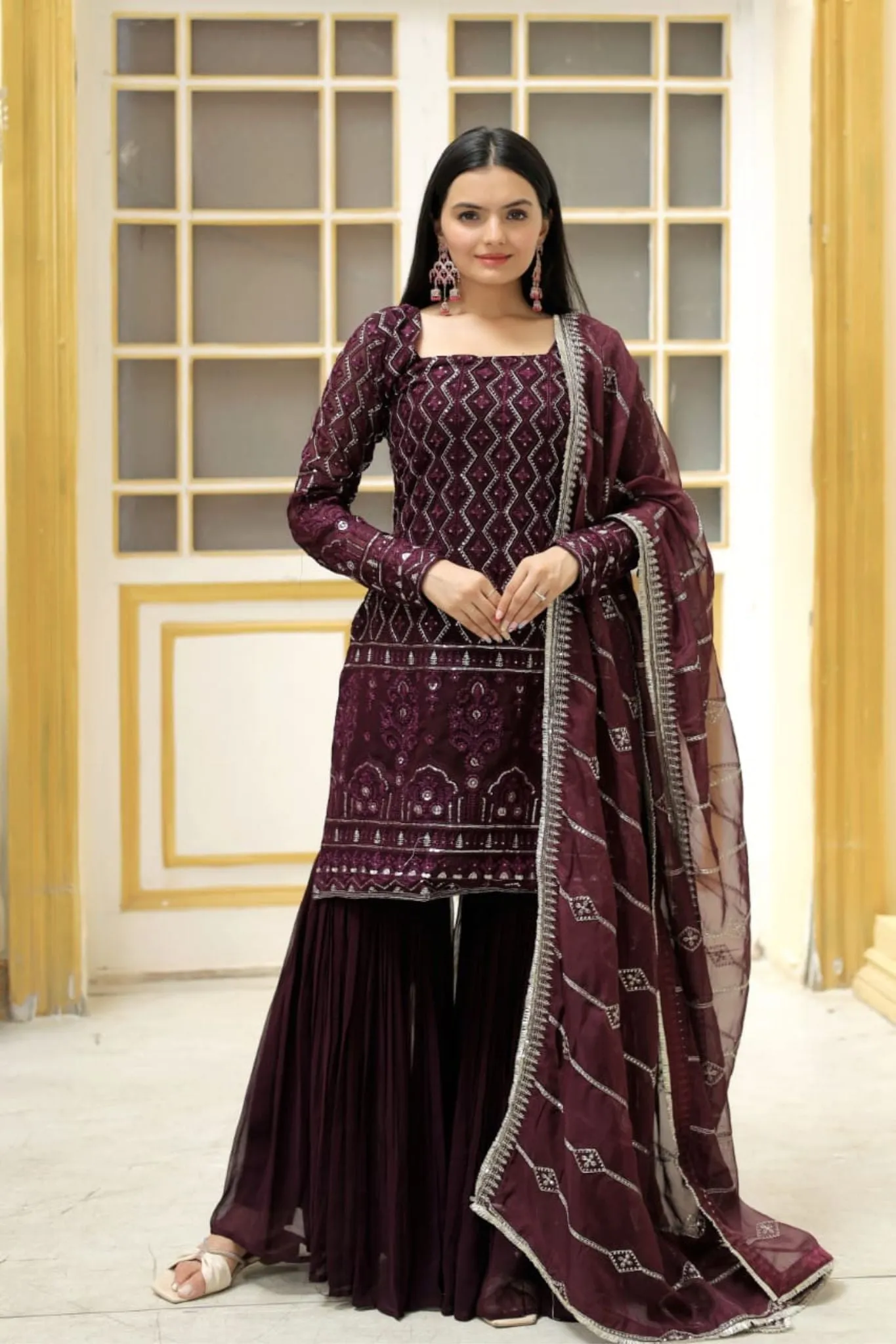 Zigzag Line Sequins Thread Embroidered Work Sharara Set