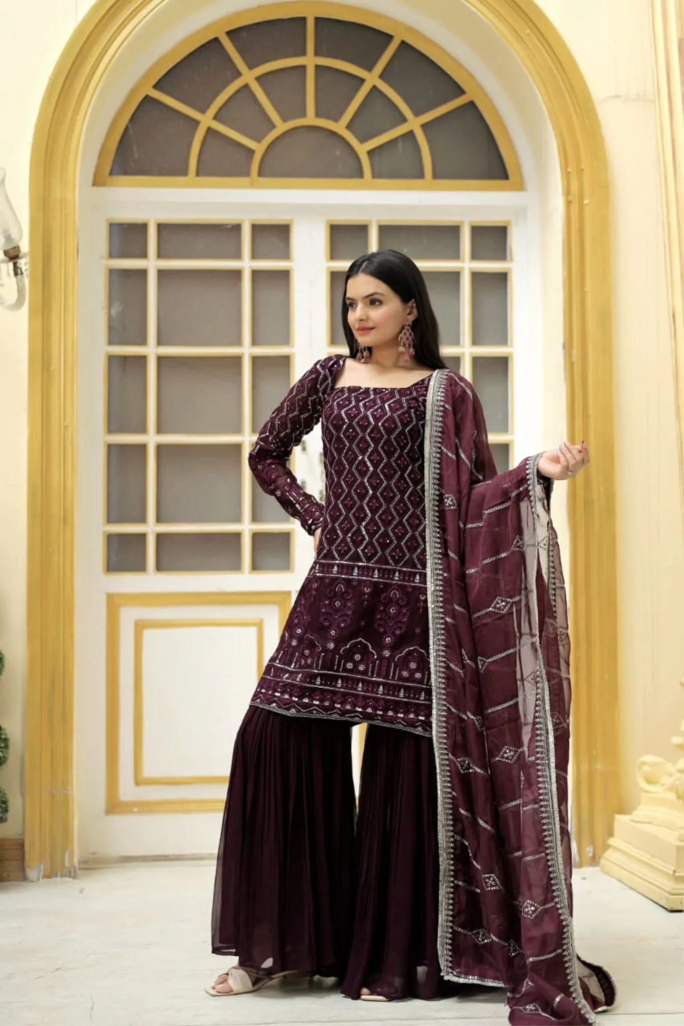 Zigzag Line Sequins Thread Embroidered Work Sharara Set