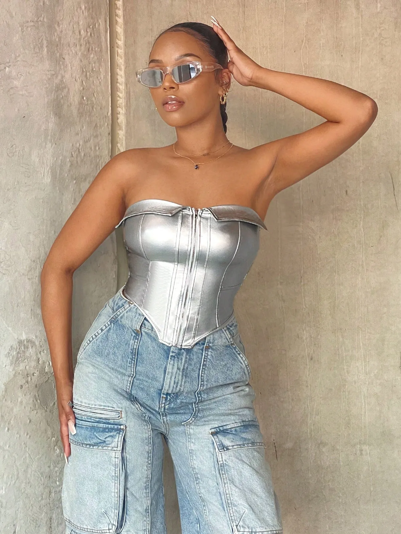 Zip Front Metallic Corset Tube Top