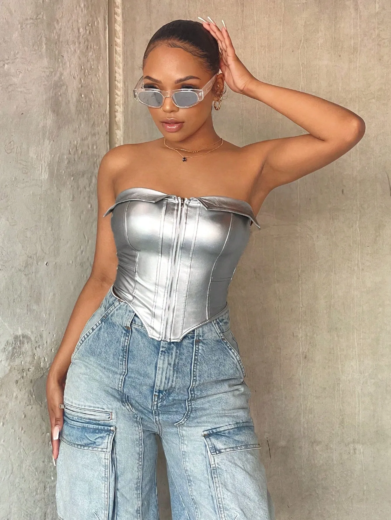 Zip Front Metallic Corset Tube Top